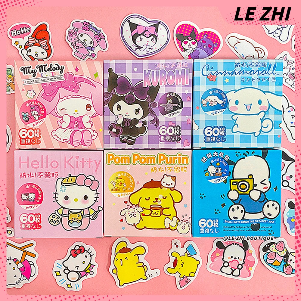 

60PCS Cartoon DIY Handwork Self-adhesive Sticker HelloKitty Cinnamoroll Mymelody Kuromi Decorative Sticker Children Toy Gift Set