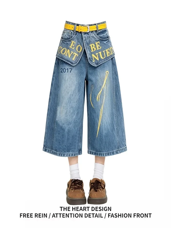 

Summer Trendy Graffiti Letter Print High Waist Wide Leg Jeans Women's Seven-Quarter Length Double Waist Design Casual Denim