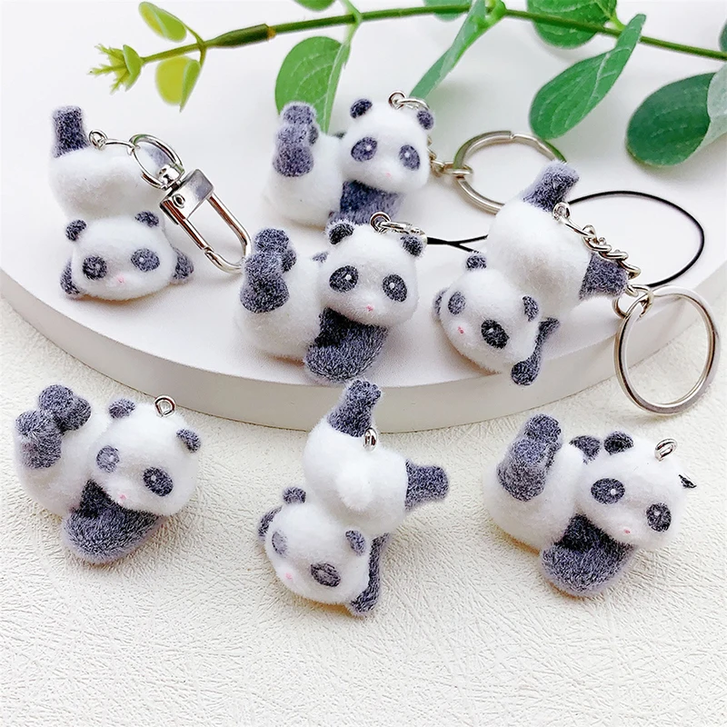 LLavero de Panda flocado 3D, llavero de Animal de peluche de dibujos animados, colgante de bolsa, llavero de coche, encanto de auriculares, adorno de joyería DIY, accesorio