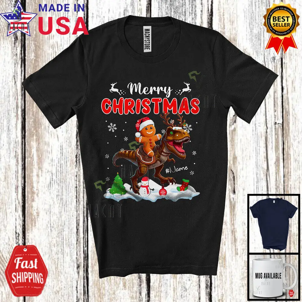 

Custom Name Merry Christmas; Lovely Gingerbread Riding T-Rex Animal T-Shirt