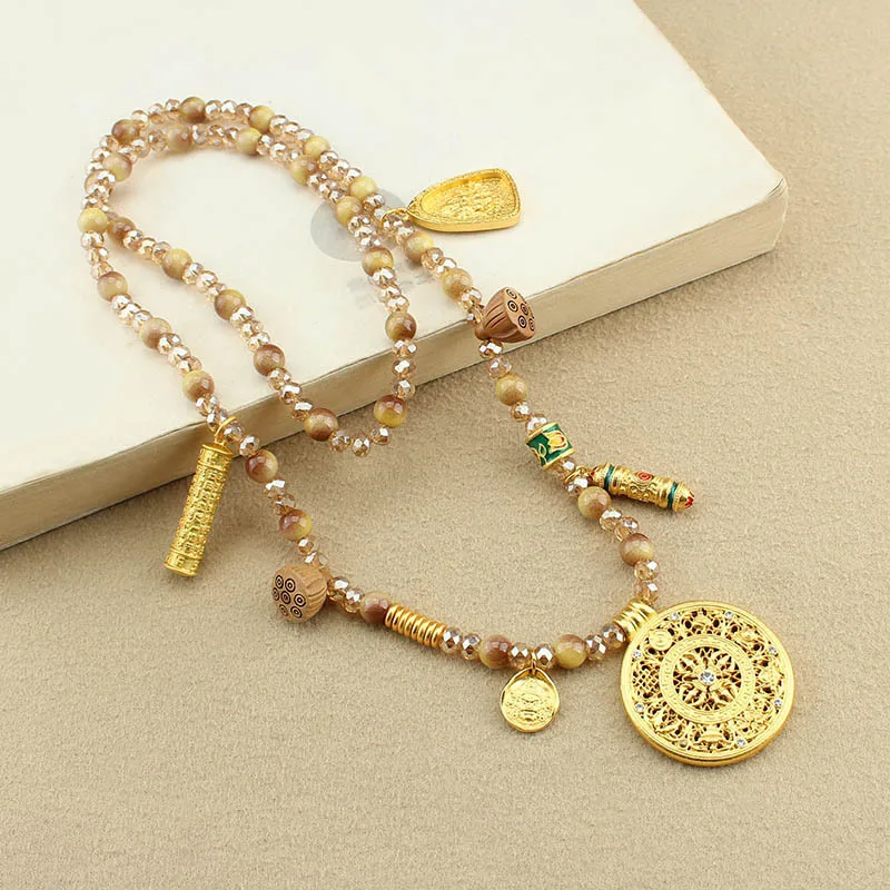 DIY accessories New Chinese style imitation golden tiger eye long necklace women's retro gold disc pendant sweater chain ethnic