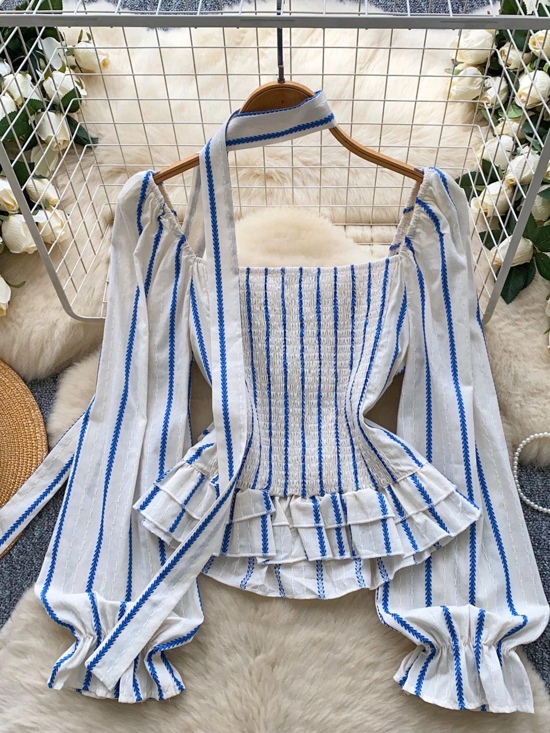 Ele besticktes Bubble Sve gestreiftes Irt Damen-Top mit lockerer Passform und Gürtel an der Taille, faionable Autumn Irt