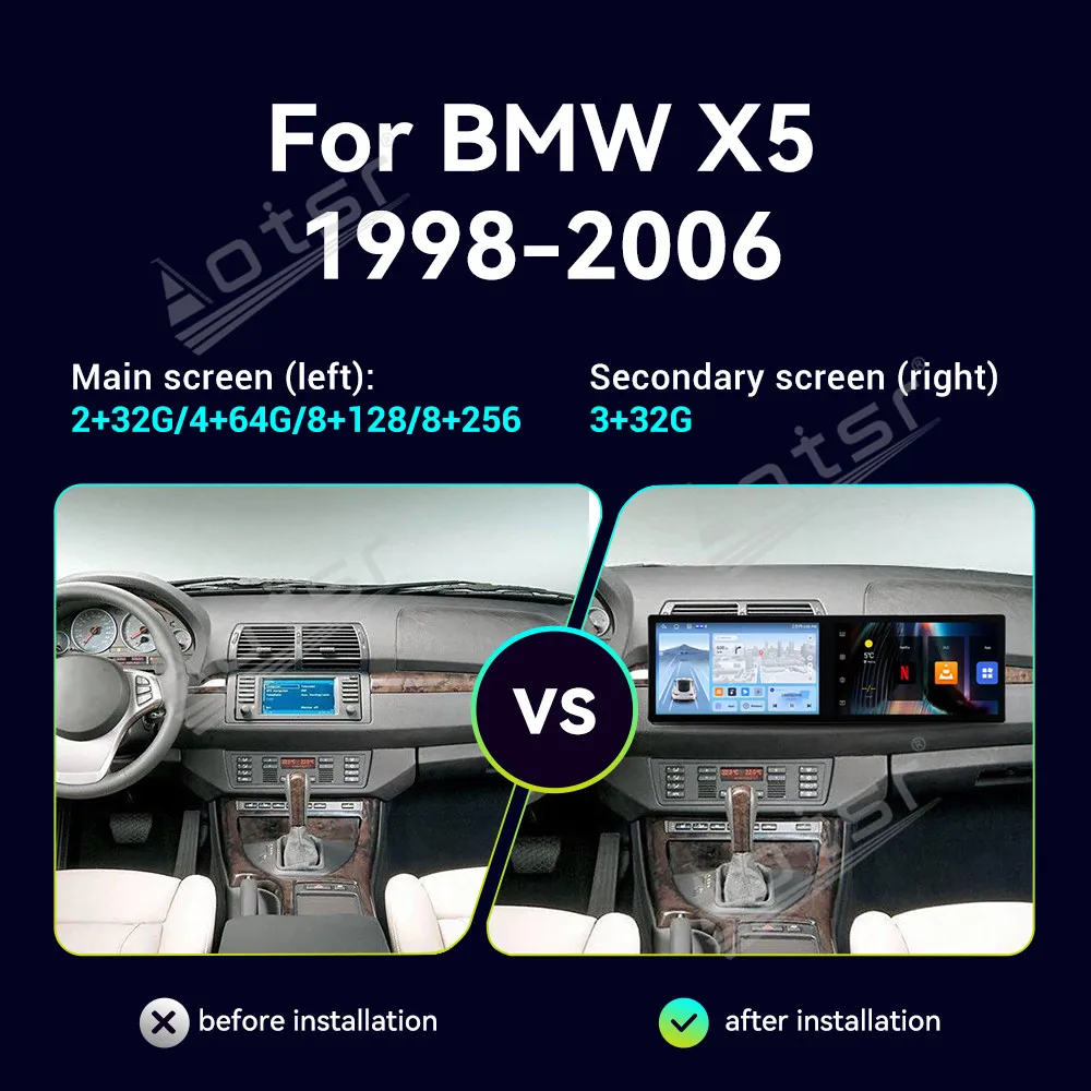

Автомобильный радиоприемник Android 14 с двумя экранами для BMW X5 1998-2006, GPS-навигация, мультимедийный видеоплеер, стерео Carplay, головное устройство WIFI 4G BT