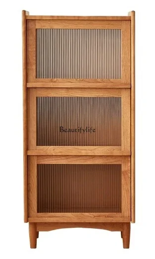 

FG17Nordic all solid wood bookcase, living room glass cherry wood three-door multi-functional locker