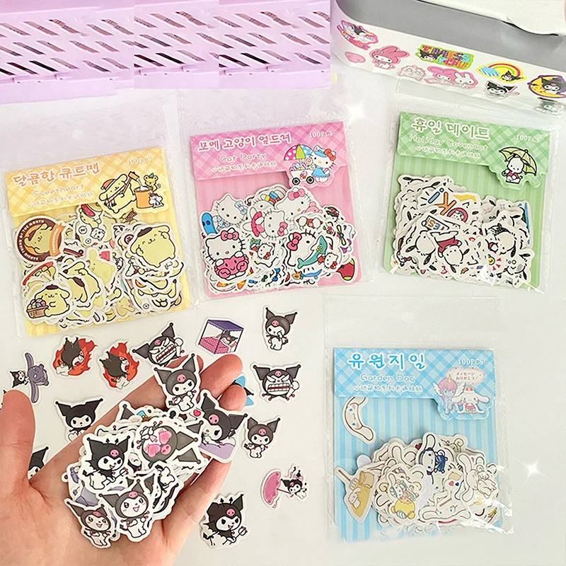 Impermeável adesivos para crianças, decalques, papelaria suprimentos, Sanrio, Hello Kitty, Cinnamoroll, Kuromi, minha melodia, bonito, conta de mão, 25 pcs, 100pcs