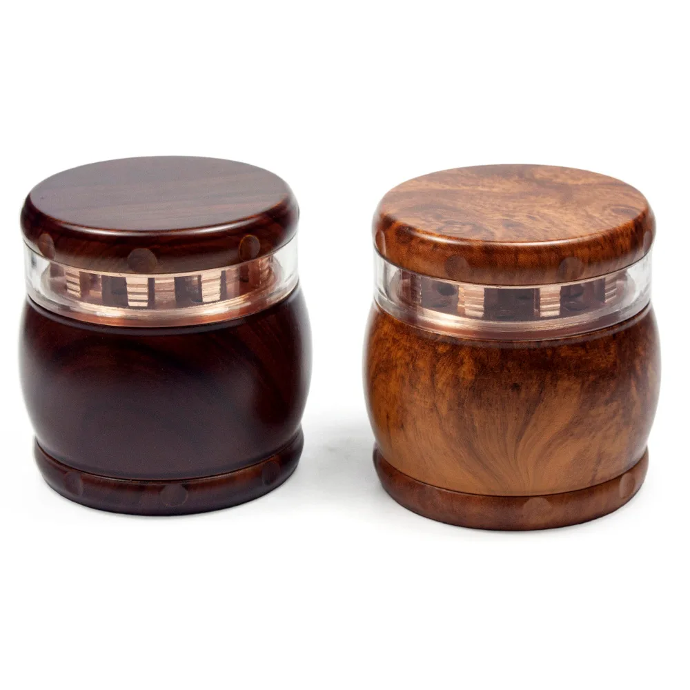 63mm 4-Layer Zinc Alloy Herb Grinder Barrel Shape with Wood Grain Lid Manual Spice Crusher Kitchen Tool for Dry Herbs & Spices