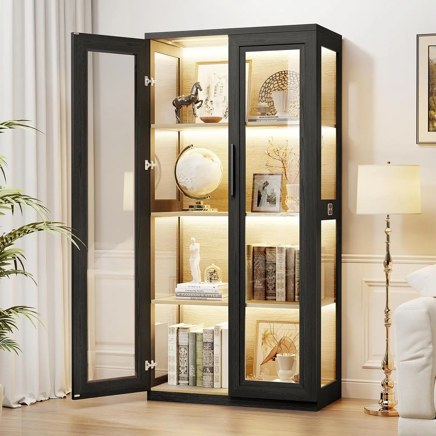 

Curio Cabinet with Glass Doors, Bookcase with 4 Shelves, Display Cabinets for Collectibles, China Cabinet with 3 Color, Custom