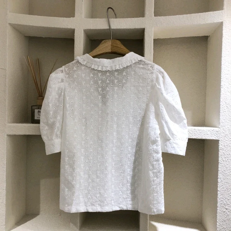 Summer Hollow Out Women Shirt Fashion Short Sleeve Peter Pan Collar Solid Loose Tops Puff Sleeve White Blouse