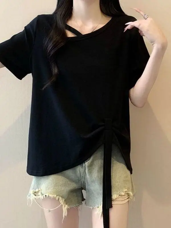 Elegant Summer Short Sleeve T-Shirt Women's Loose Fit Casual Style Pure Color Asymmetric Design Bow Knot Detail Big Size Top