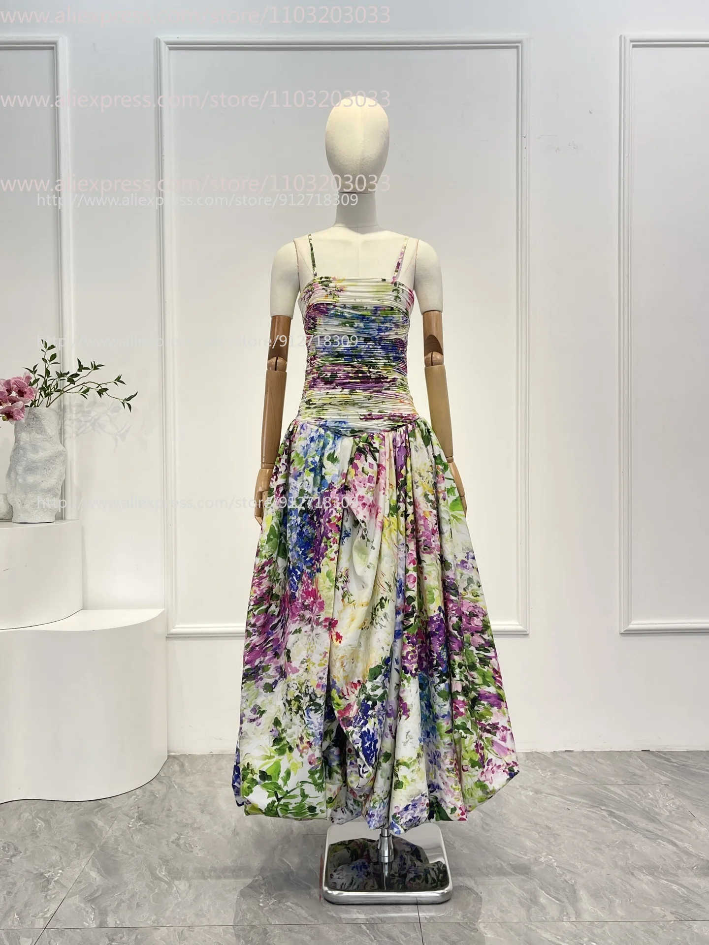 Sukienka midi bez rękawów typu tuba z plisowanym kwiatowym wzorem w zielone kwiaty, wysoka jakość, nowość 2026 dla kobiet