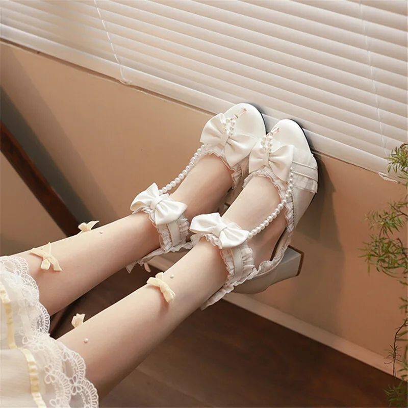 

Black White Pink Bead String Princess Sandals Girls High Heels Children Bowknot Wedding Banquet Shoe Fashion Kids Lolita Shoes