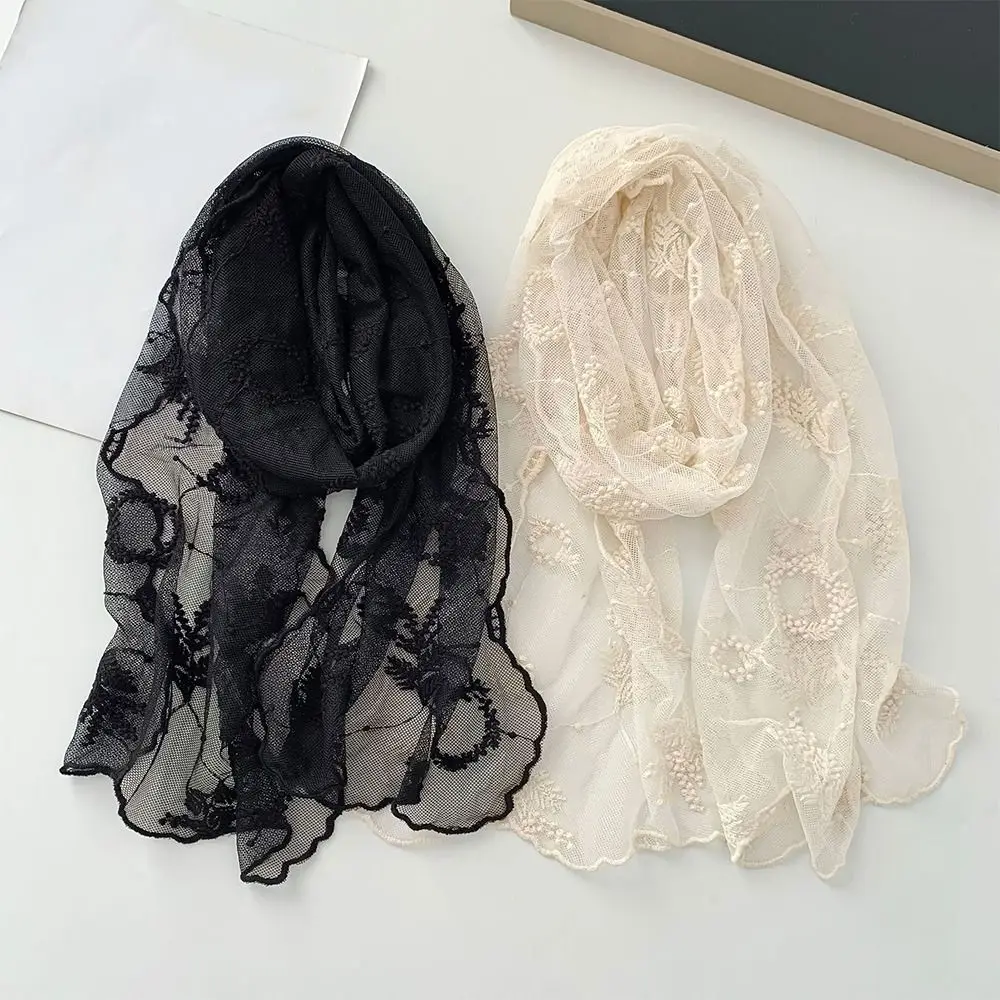 

Elegant Long Lace Scarf Breathable Flower Embroidered Sunscreen Lace Shawl Solid Color Lightweight Shawl Headscarf Summer