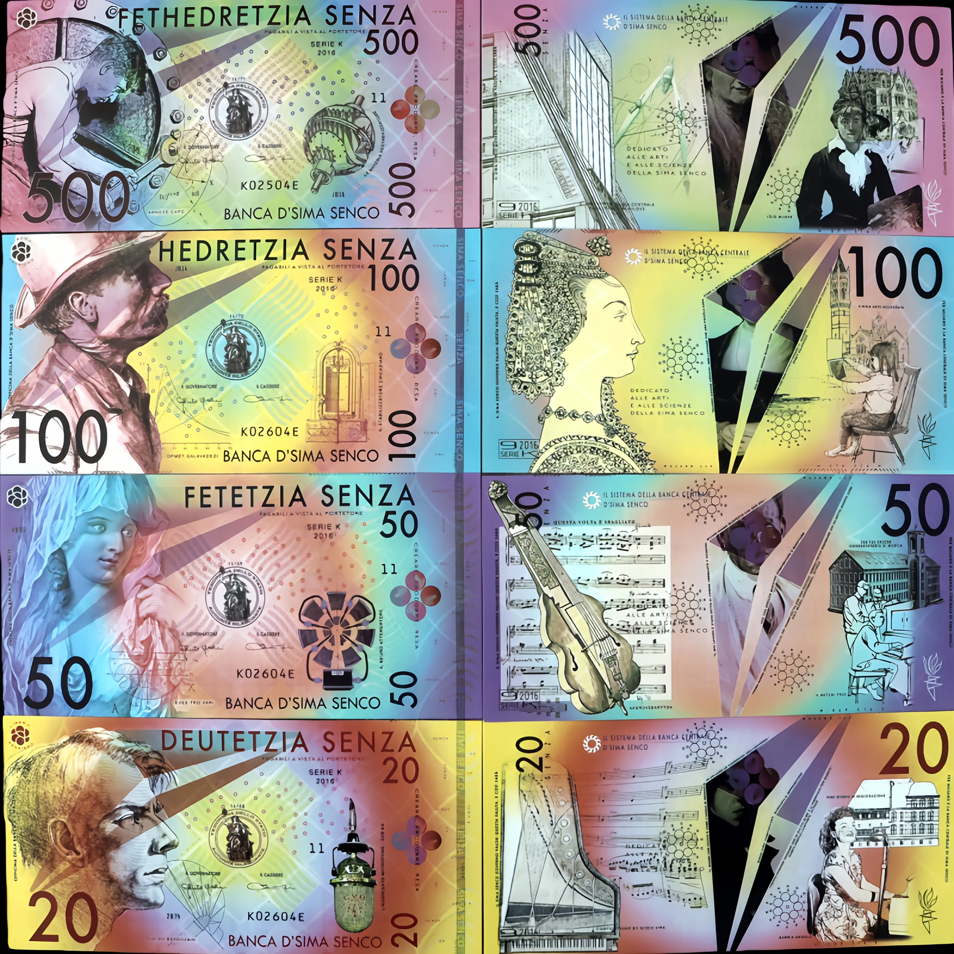 Juego de 4 billetes conmemorativos de fantasía, D'Sima Senco 20-50-100-500 Senza 2016 POLÍMERO