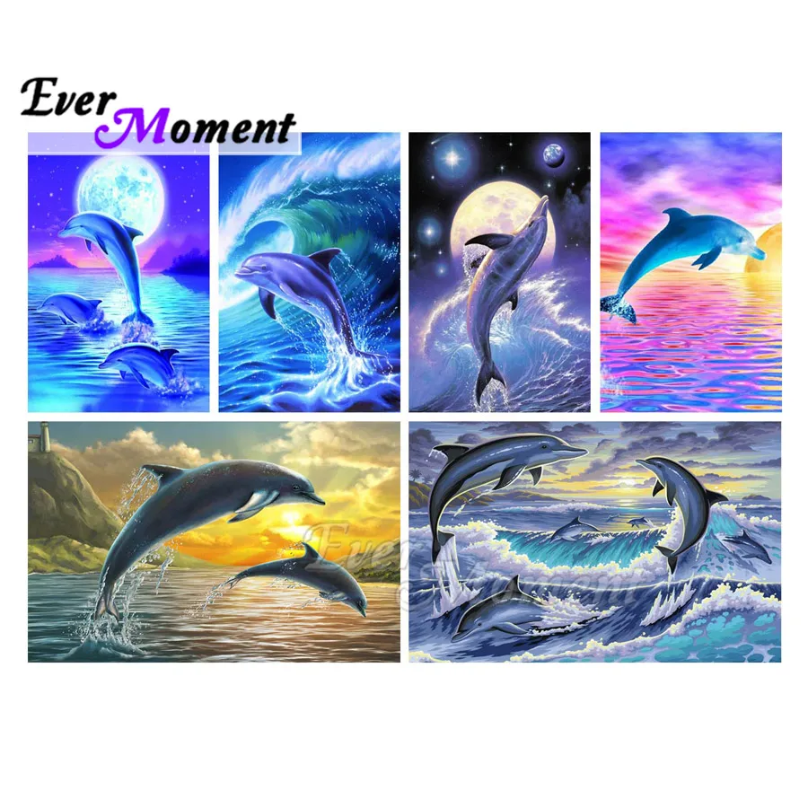

Picture Of Rhinestone Dolphin Sea Moon Sunset Ever Moment Diamond Painting Full Square Drill Diamond Embroidery Decor ASF2027