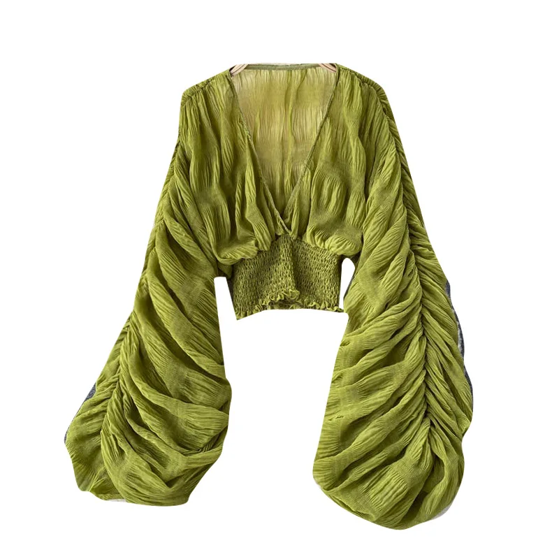 Women Blouse Sexy Deep V Neck Tops Full Puff Sleeve Tight Waist Top Shirts Slim Fit Blouses Elegant Splice Pleated Shirt