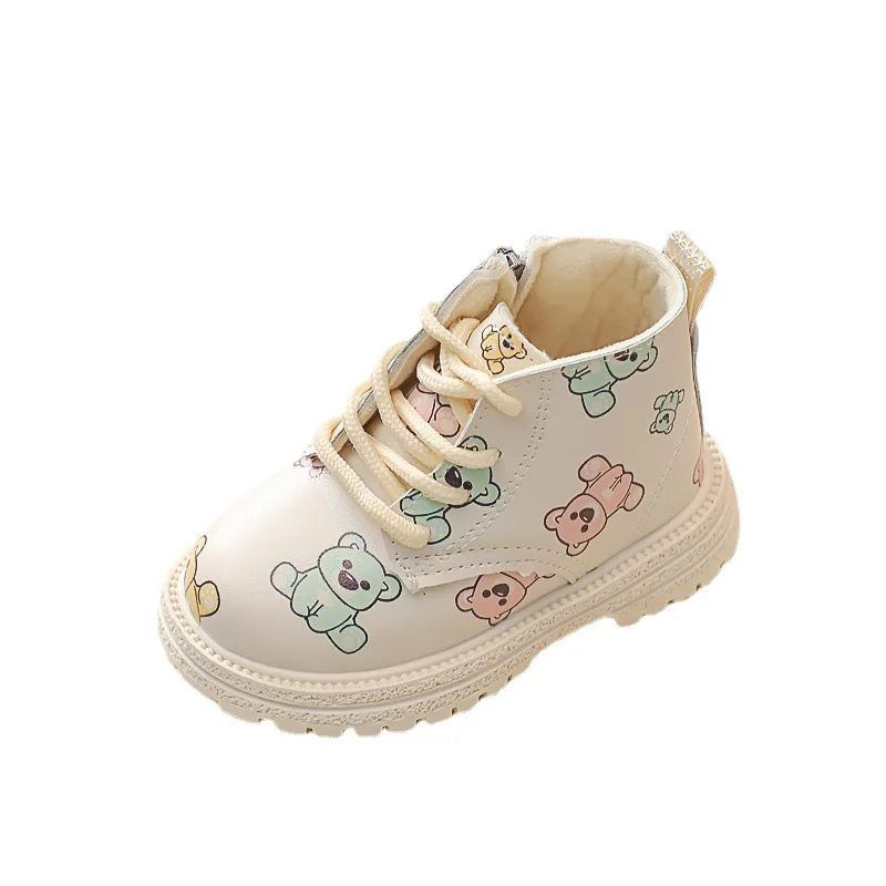 Botines Girl Boot Cute Cartoon Bear Kid Cotton Boot Autumn Winter New Soft Sole Non-slip Casual Shoe Princess Leather Ankle Boot