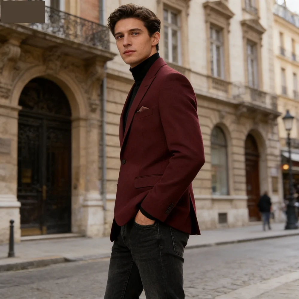 

Мужской костюм-двойка: пиджак с острыми лацканами из бархата цвета бордо, на одной пуговице, для повседневной носки и свадеб