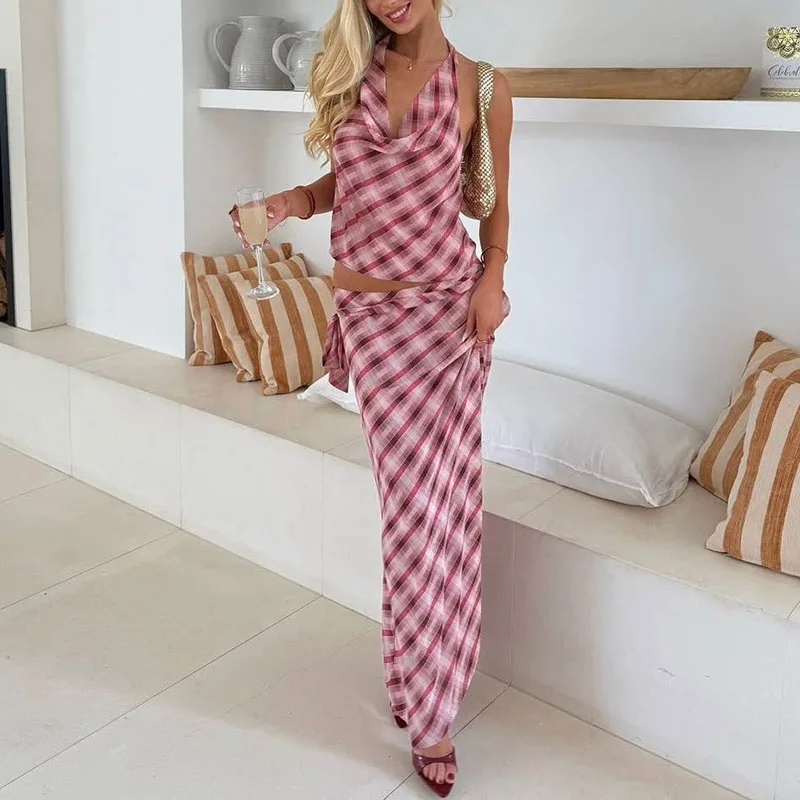 

Women's Fashion Street Two Piece Set Sexy Ladies Halter Top and Long Skirt Suit Casual Checkered Printed Backless Summer Outfit