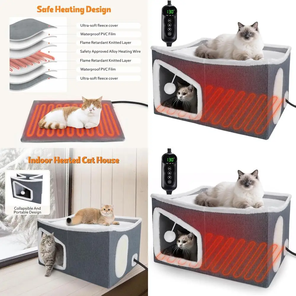 

Роскошная домашняя кошачья кровать с подогревом, регулируемой температурой и таймером, размер XXL, плюшевый шарик, когтеточка, складная для всех размеров кошек