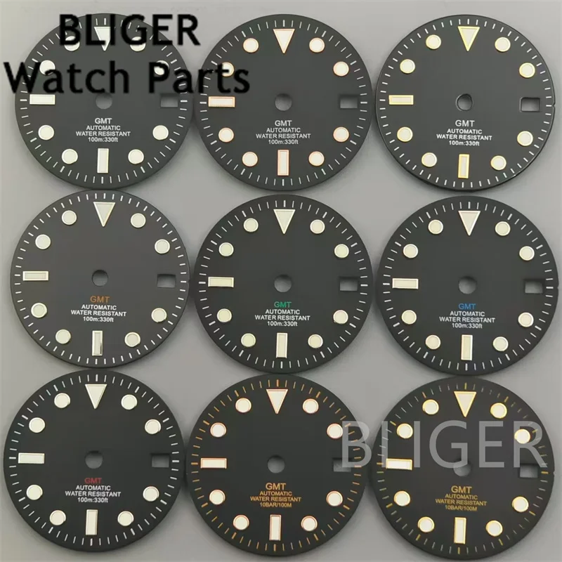 BLIGER 29mm Watch Dial Black White Blue Gray Dial Black Green Blue Red Orange GMT Mark Green Luminous Fit NH34 Movement