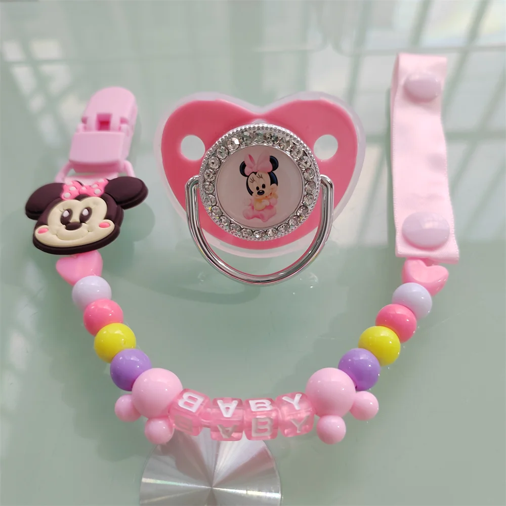 Personalized Daisy Duck Cartoon Silicone Beads Pacifier Clip Rhinestone Pink Gold Bling Dummy Soother for Babies 0-18m Disney