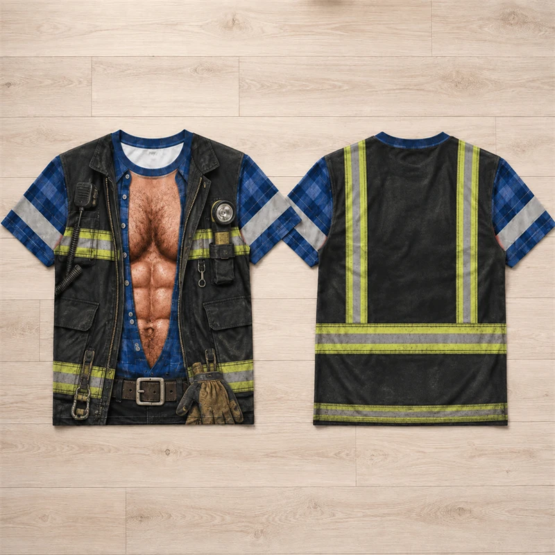 Men 3D Fake Work Vest Print T‑Shirt Funny Construction Worker Costume Graphic Short Sleeve TeeTops For Party Cosplay Holiday Tee