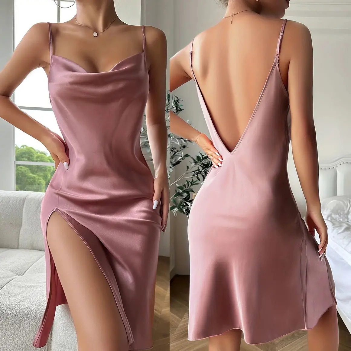 Summer New Chemise Nightgown Sexy Backless Spaghetti Strap Nightdress Sleepwear Women Loose Satin Home Wear Intimate Lingerie