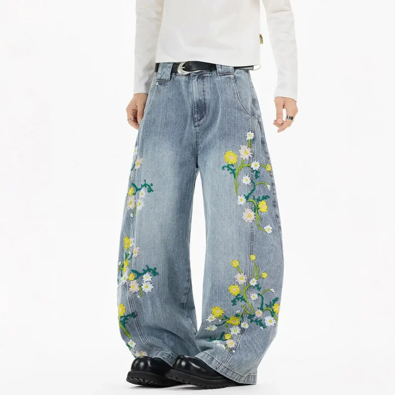2026 Vintage Floral Embroidery Print Curved Jeans for Men and Women Loose Wide Leg Fashion Design Korean Style Denim Pants