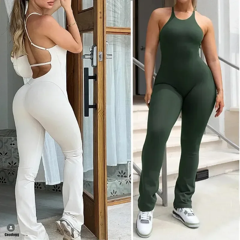 

2024 Nylon Pad Bunny Sportwear Fitness Yoga Set Workout Flared Legging One Piece Jumpsuit Pants Exercise Active Wear Bodysuit