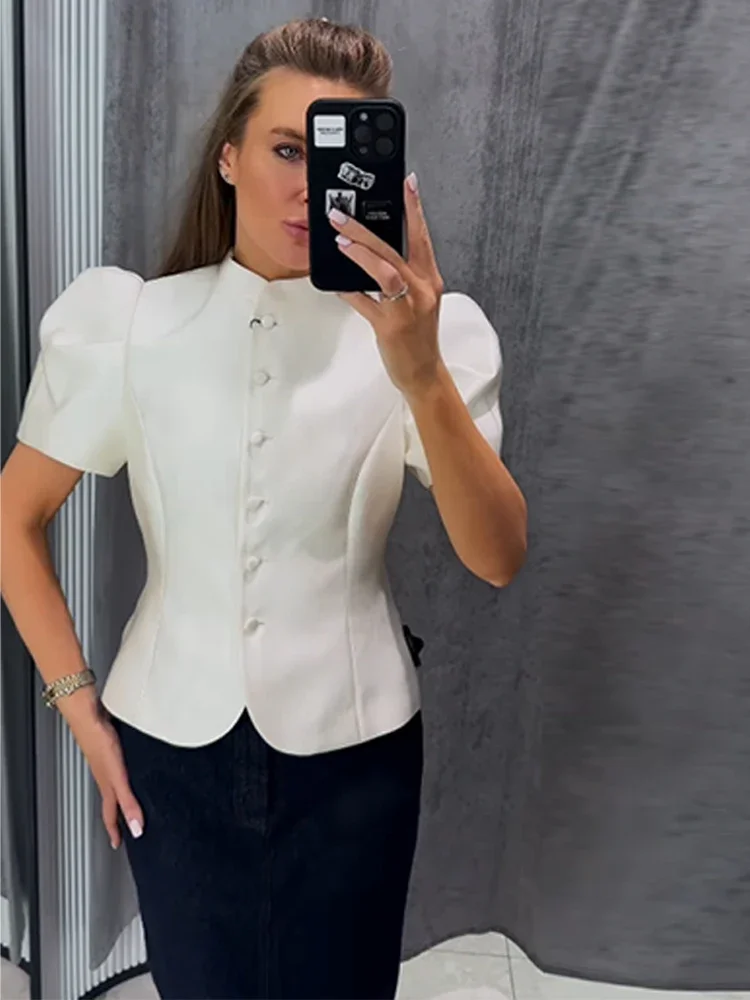 Elegantes weißes Damen-Slim-Shirt 2026 Sommer Kurzarm Puffärmel Einreiher O-Ausschnitt Damen-Oberteil Modische Büro-Damen-Tops