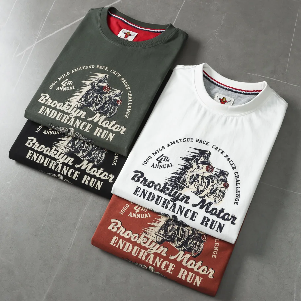 2025 Summer American Retro Short Sleeve O-neck Letter Motorcycle Printed T-shirt Men's Fashion 100% Cotton Washed Casual Tops