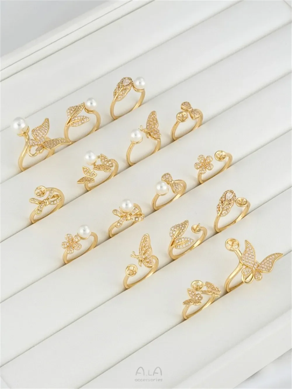 

14K Gold Package with Micro Inlaid Zircon Small Flower Leaf Butterfly Bead Holder Ring DIY Handmade Pearl Handmade Accessories