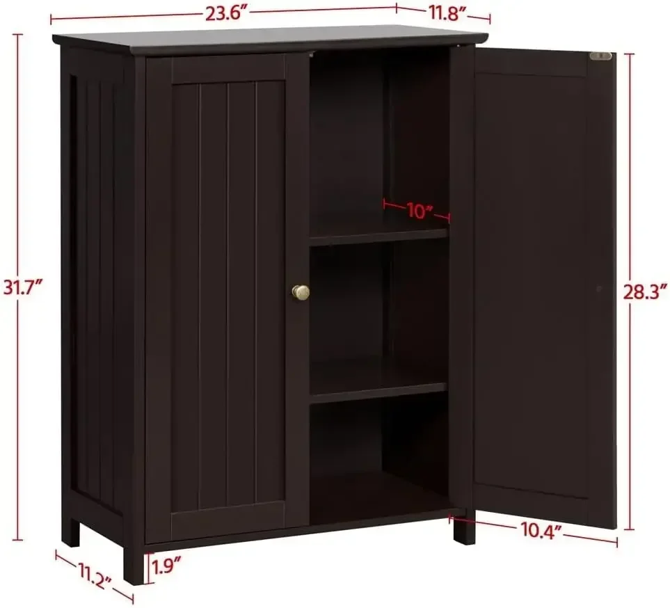 Bathroom Floor Cabinet, Modern Storage Freestanding Organizer Cabinet with Adjustable Shelves & Double Doors, 3-Tier, Espresso