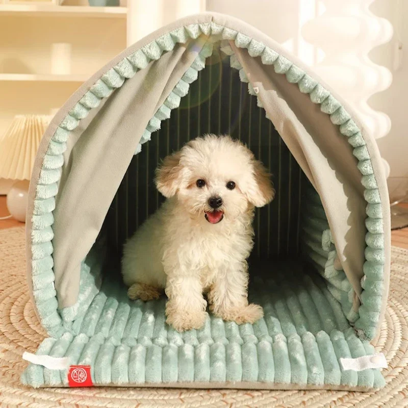 Closed Dog House with Door Curtain Winter Windproof Nest for Dogs Cats Outdoor Portable Cat Tent Dog Villa Sleep Kennel Cat Mat