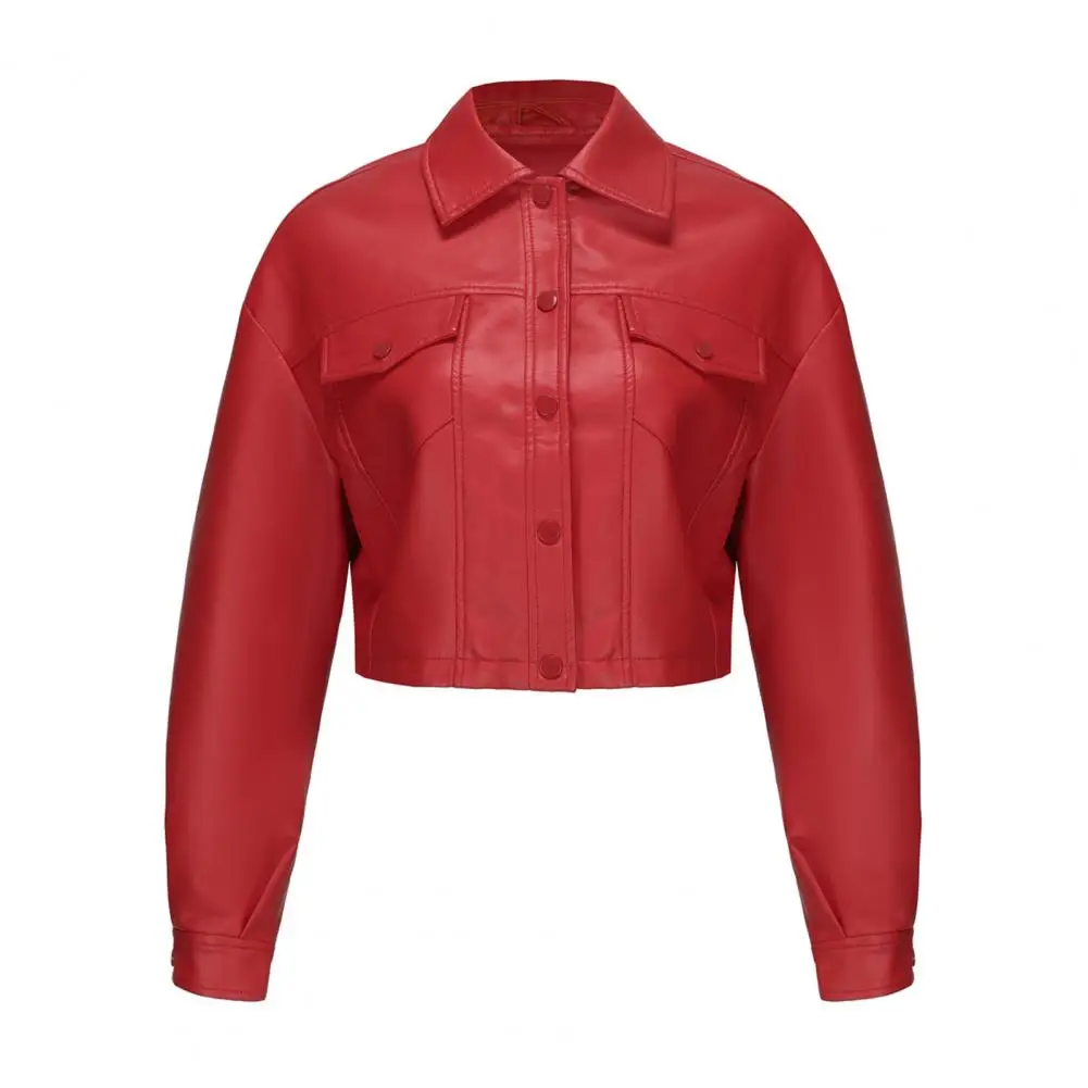 Women Coat Smooth Windproof Faux Leather Long Sleeves Single-breasted Short Type Pure Color Chest Pocket Slim Jacket