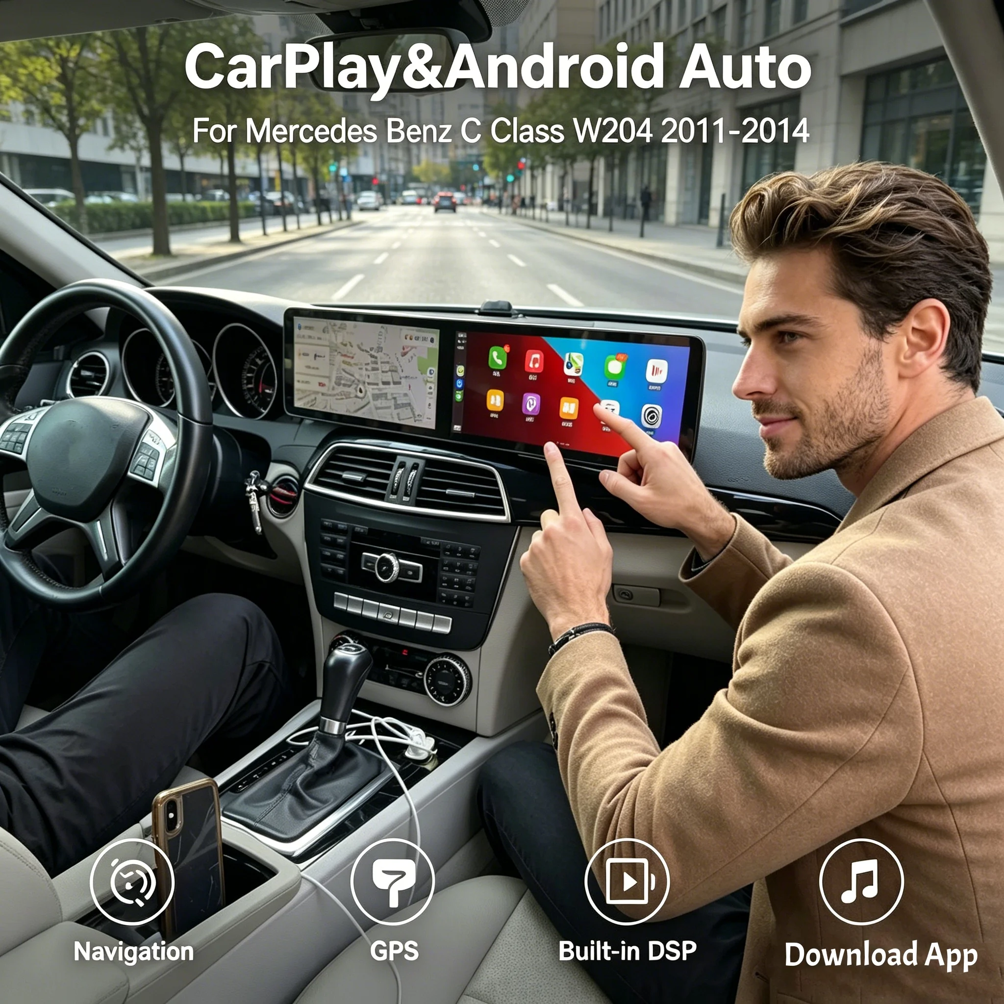 25.6 Inch Dual Screen Android RHD LHD For Mercedes Benz C Class W204 2011-2014 GPS Navigation Multimedia Player Car Radio Media