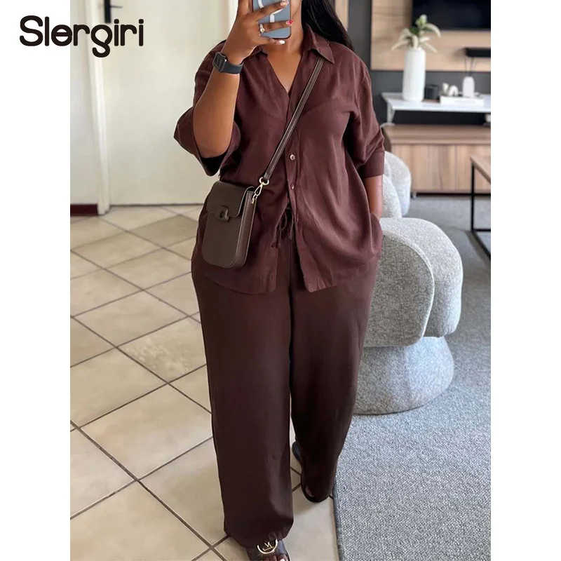 Slergiri Solid Color 3/4 Sleeve Button Down Shirts + Drawstring Elastic Waist Wide Leg Pants Women's Casual Summer 2 Piece Set