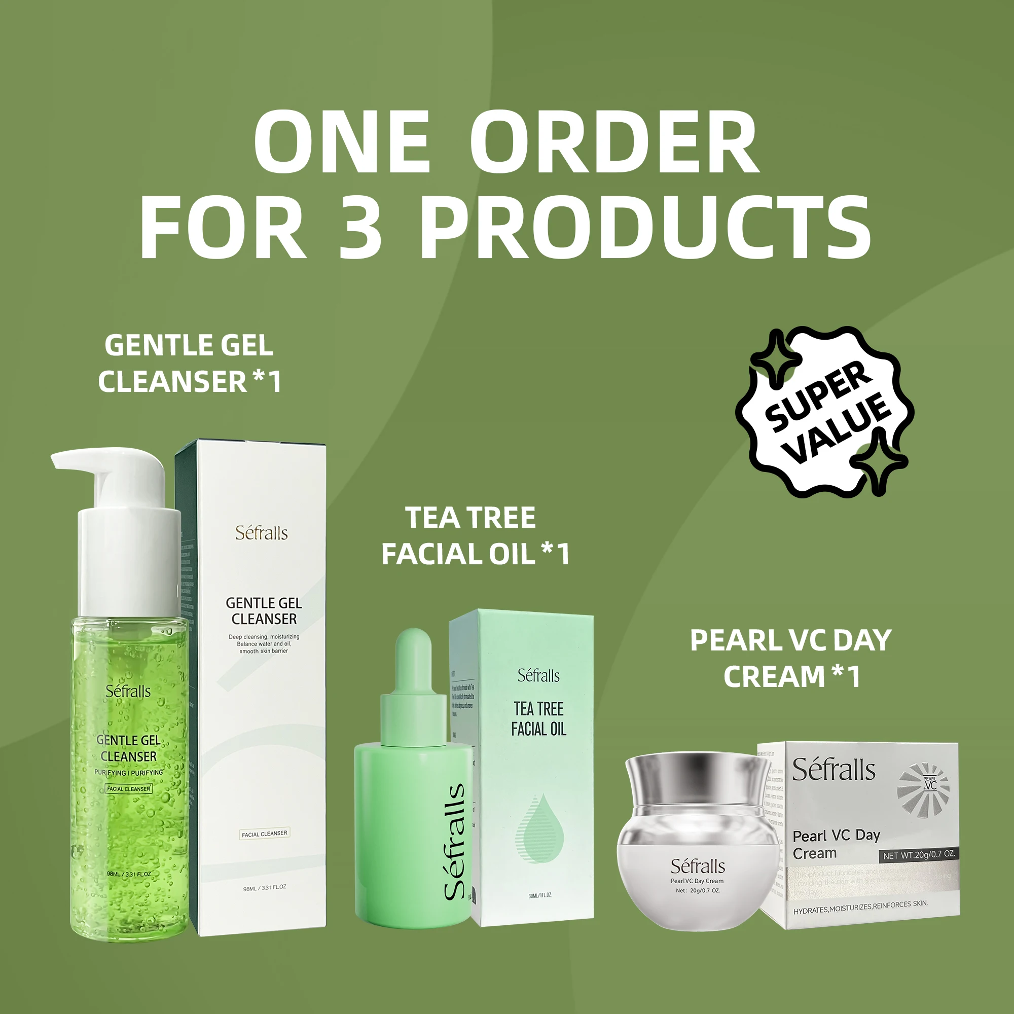 Séfralls Gel de Limpeza de Aloe Vera 98ml + Óleo de Árvore de Chá 30ml + Creme Pérola VC 20g - Hidratante, Cuidados com a Acne, Conjunto de Cuidados com a Pele Iluminador