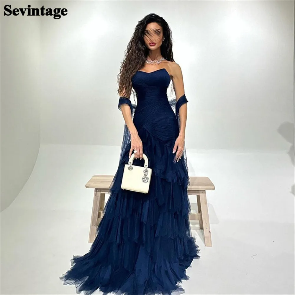 

Sevintage Elegant Navy Blue Prom Dress Tulle A-Line Strapless Tiered Pleated Formal Evening Dress Floor Length Party Gowns 2024