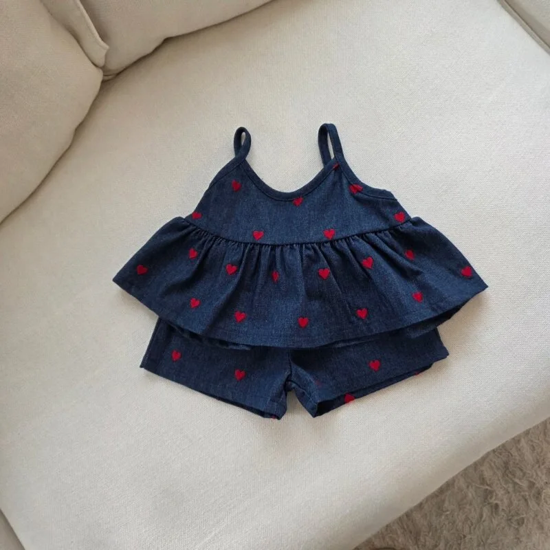 

2026 Summer New Girls Sleeveless Denim Clothes Set Baby Girl Heart Print Sling Tops + Shorts 2pcs Suit Kids Toddler Outfits