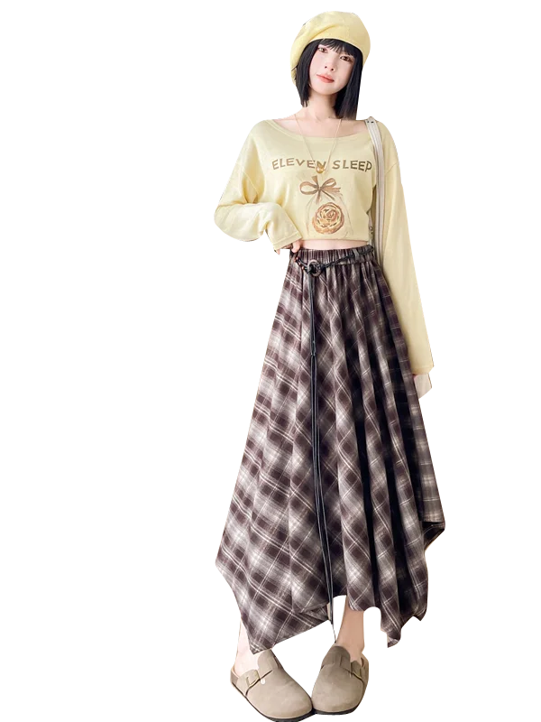 Retro Brued Plaid A-linie Rock frauen Herbst Winter Neue Hohe Taille Lose Lange Rock Mädchen Ci Spaziergang Polyester Faser
