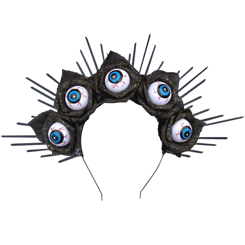 Gotycka różana korona kwiatowa - ciemny, elegancki nakrycie głowy z akcentami w kształcie gałek oczu - idealne na Halloween i imprezy maskaradowe