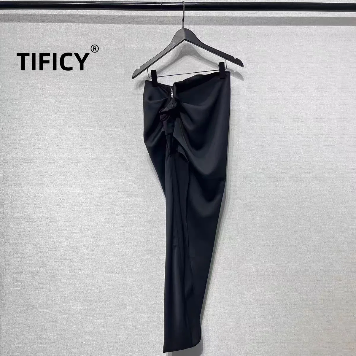 

High Street Dark RO Skirts Women's Spring and Summer Fashion Show Same Diagonal Zipper Pleated Slit Floor Length Long Skirt