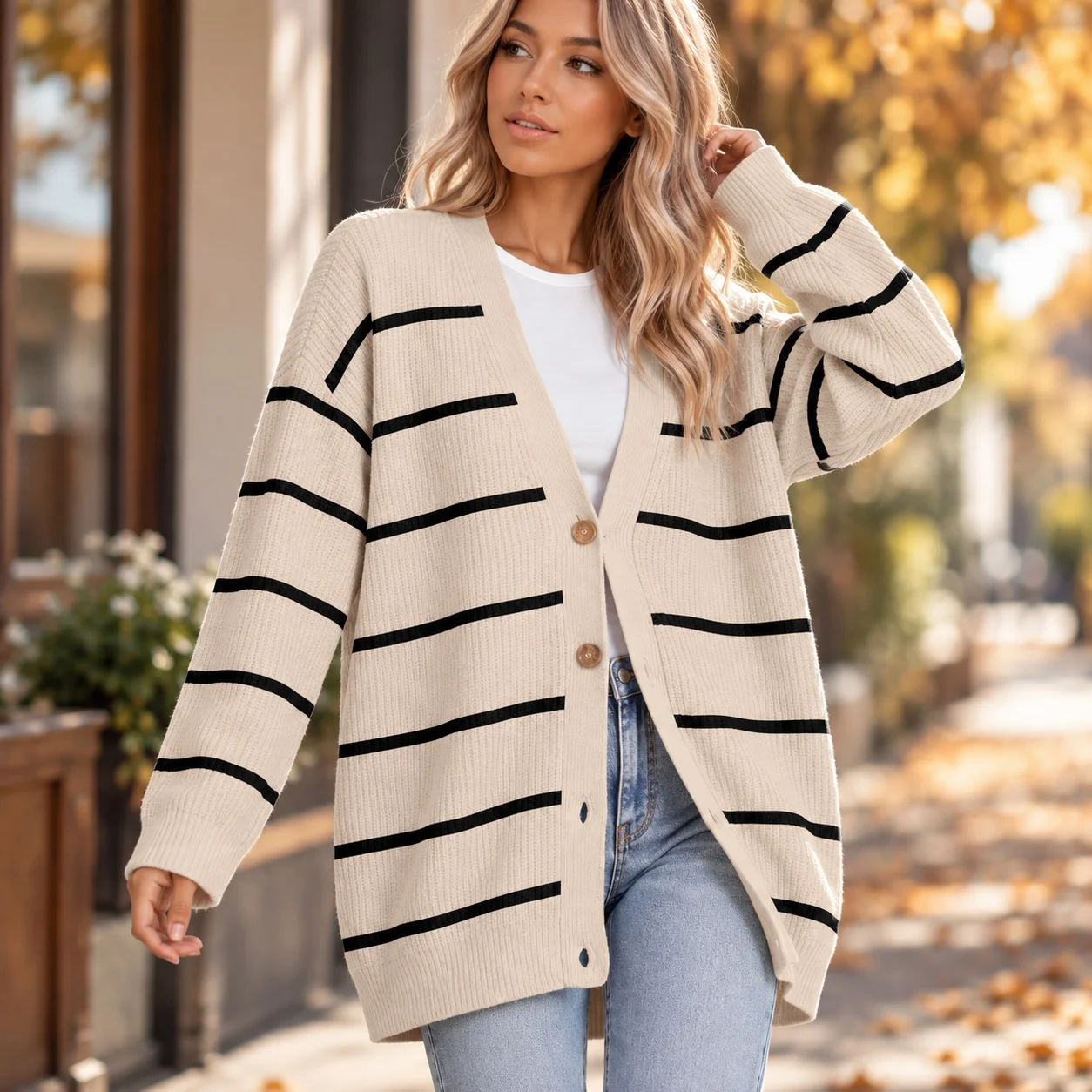 Thick V Neck Sweater Loose Fit American and European Style with Single Breasted Multi Button Patchwork Autumn Cardigan for Women