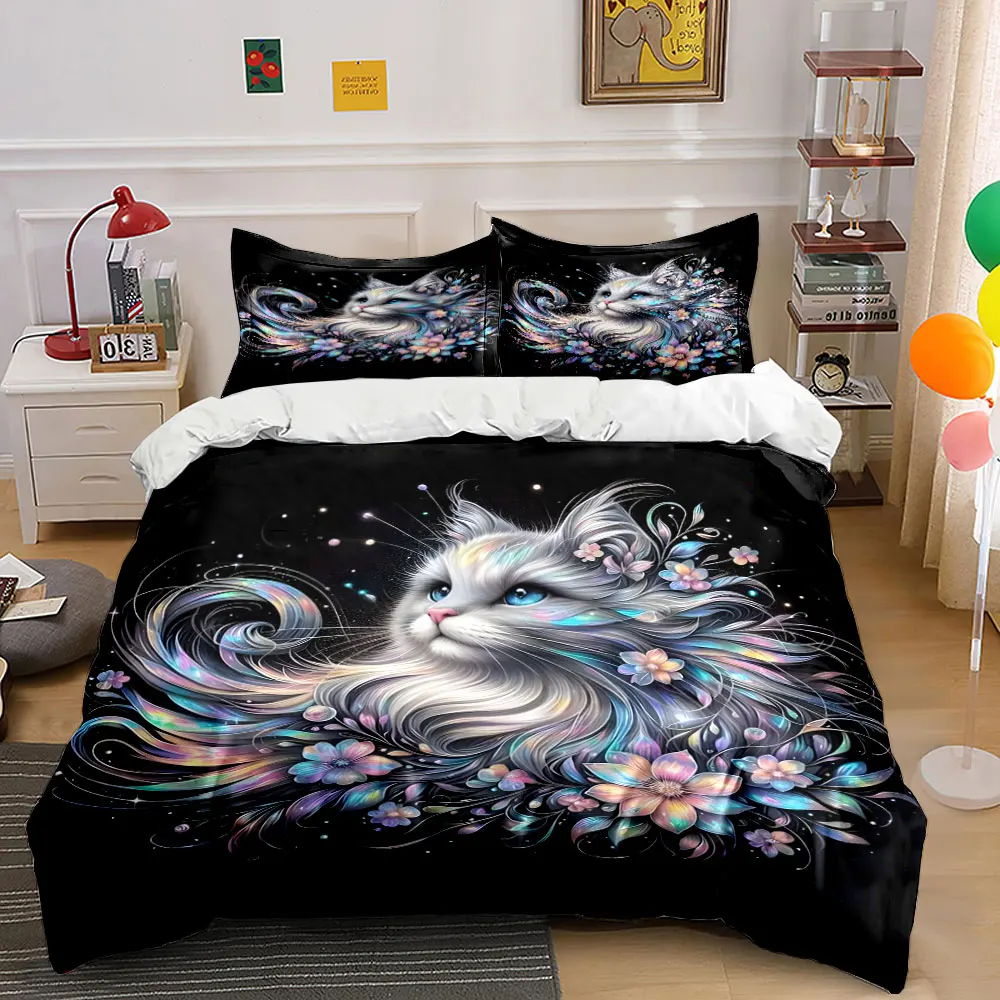 Dreamy Cat with Vibrant Flowers Bedding Set for Kids Luxury Gift 3pcs Digital Print Comforter Set Soft Comfortable Breathable