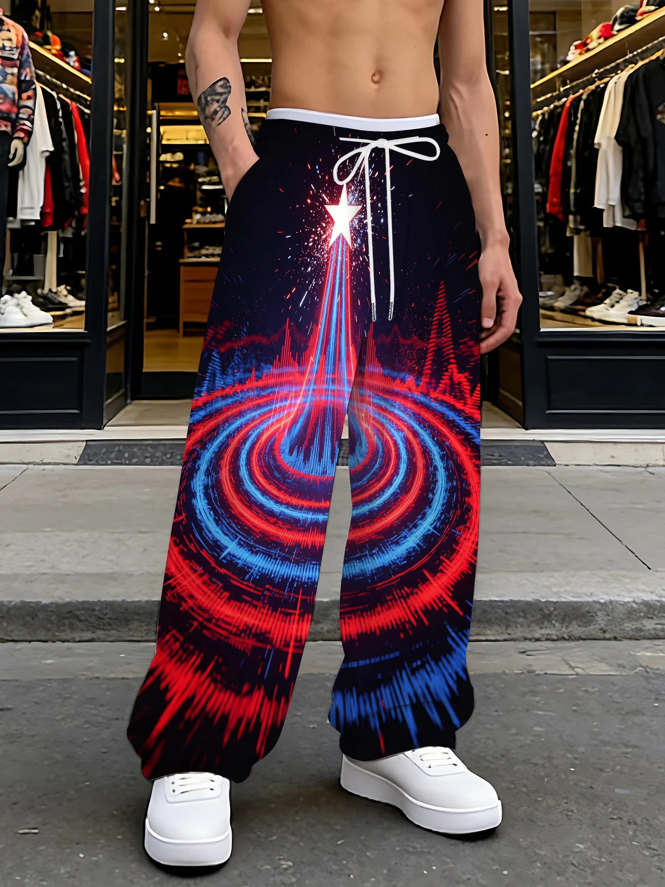 

2026 Men's Printed Straight Leg Pants Vibrant Abstract Design Drawstring Waist Loose Fit Summer Beach Casual Fashion Pants