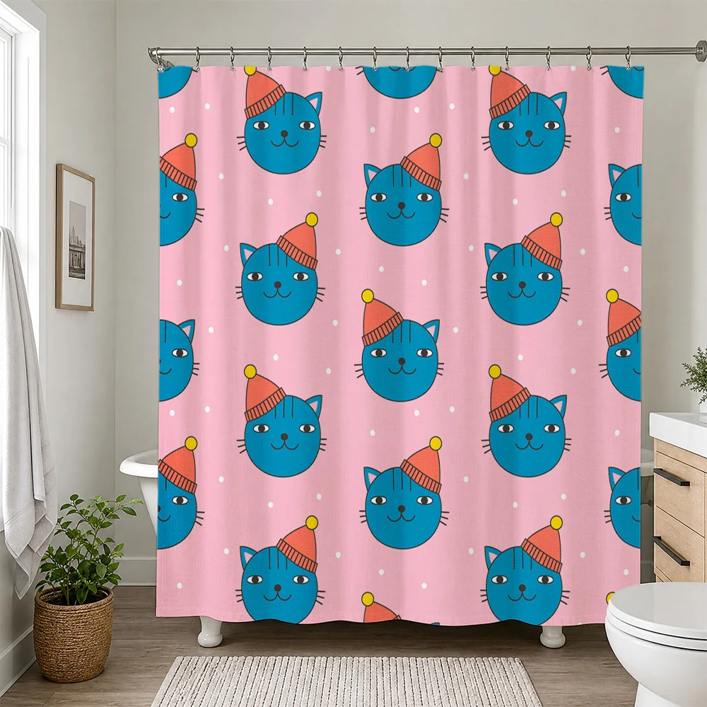 Cute Cat Pattern Shower Curtain Pink Waterproof Bathroom Decor Kids Shower Liner Novelty Cartoon Animal Print Nursery Shower Cur