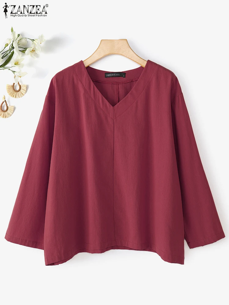 2025 ZANZEA Women Cotton Blouses Autumn Shirts Casual V Neck Long Sleeve Solid Tops Female Elegant Work OL Blusas Loose Chemise
