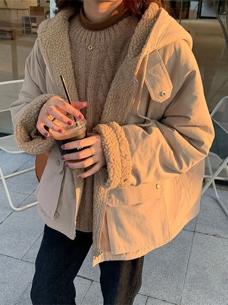 

Oversized Parkas Women Hooded Thick Coat Ladies Soft Kawaii Jackets Double Sided Outerwear Autumn Winter Warm Long Sleeve Tops