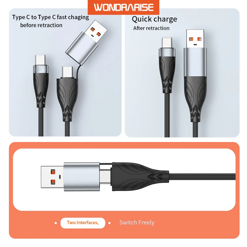 WONDRARISE 2-in-1 USB Type C Cable for Samsung Galaxy S24/S23 | 100W Fast Charging & Data Sync | Durable, Tangle-Free USB Charge